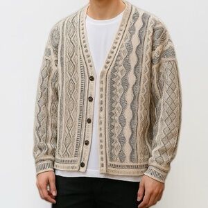 Vintage Coogi Inspired 3-D Knit Cardigan Sweater in  Cream /Tan / Blue | Size XL